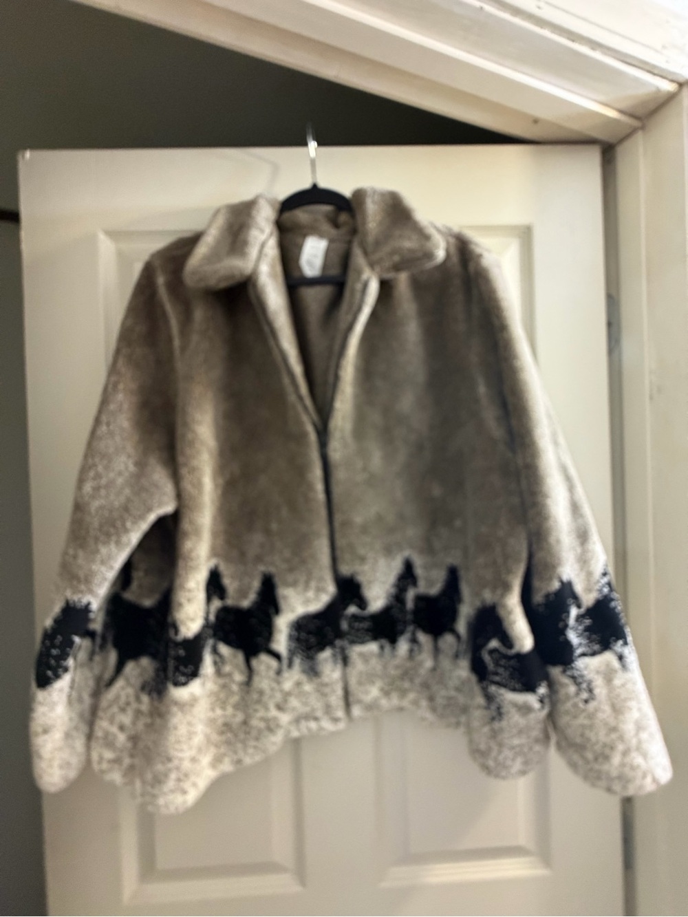 Womens Taupe Faux Fur Jacket with Black Horse Motif